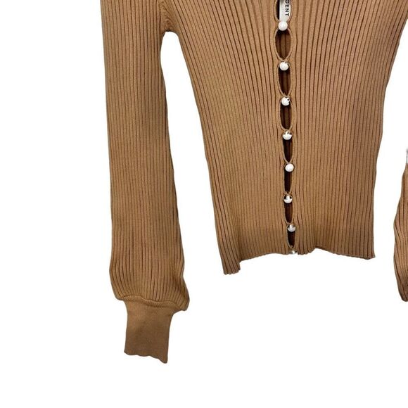 NWT Crescent Neutral Tan Ribbed Knit Balloon Sleeve Blouse, Small - Picture 4 of 7